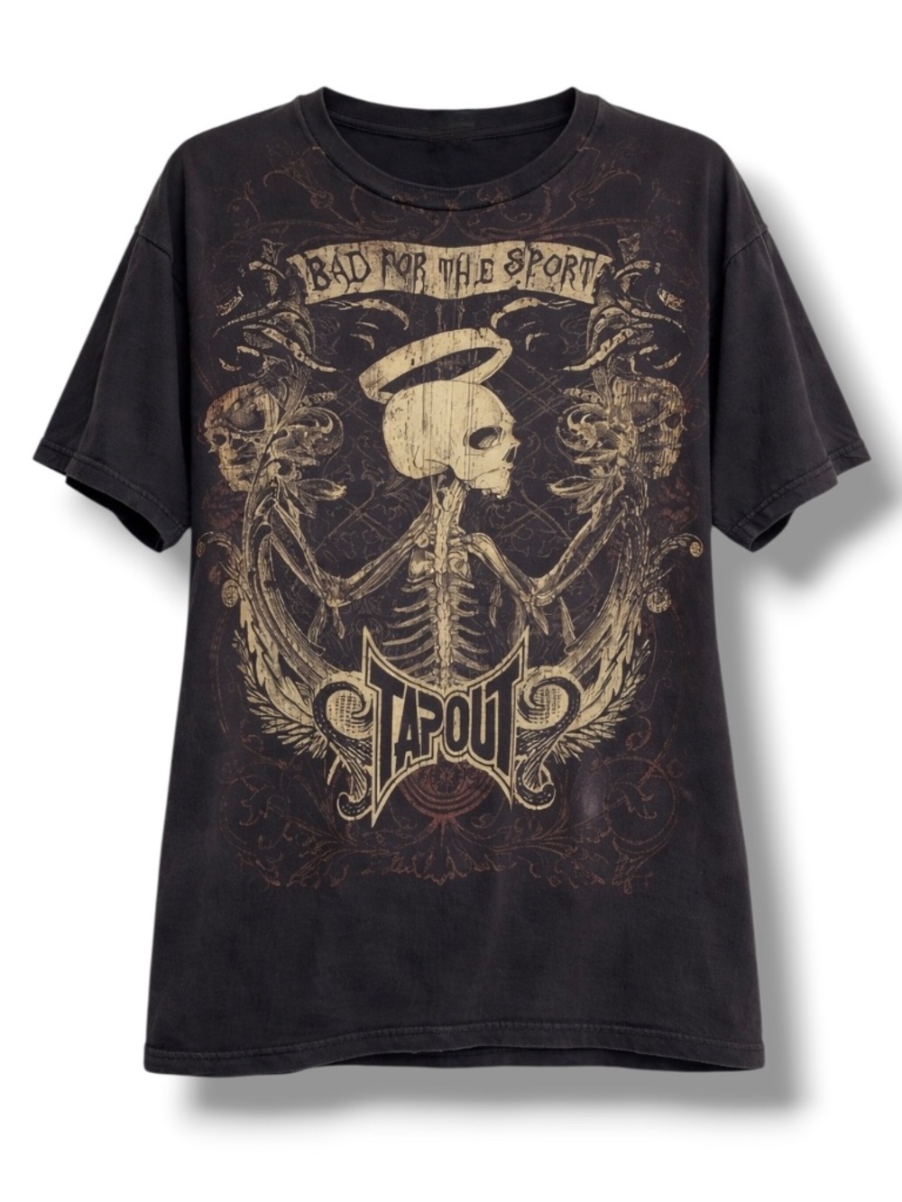 Tapout Y2K Skull Graphic Tee Distressed MMA Fightwear Black Size Large